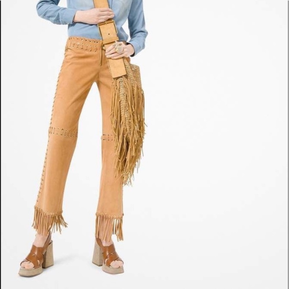 Nwot Michael Kors Collection Lamb Leather boho Fringe Whipstitched Pants - Picture 2 of 16